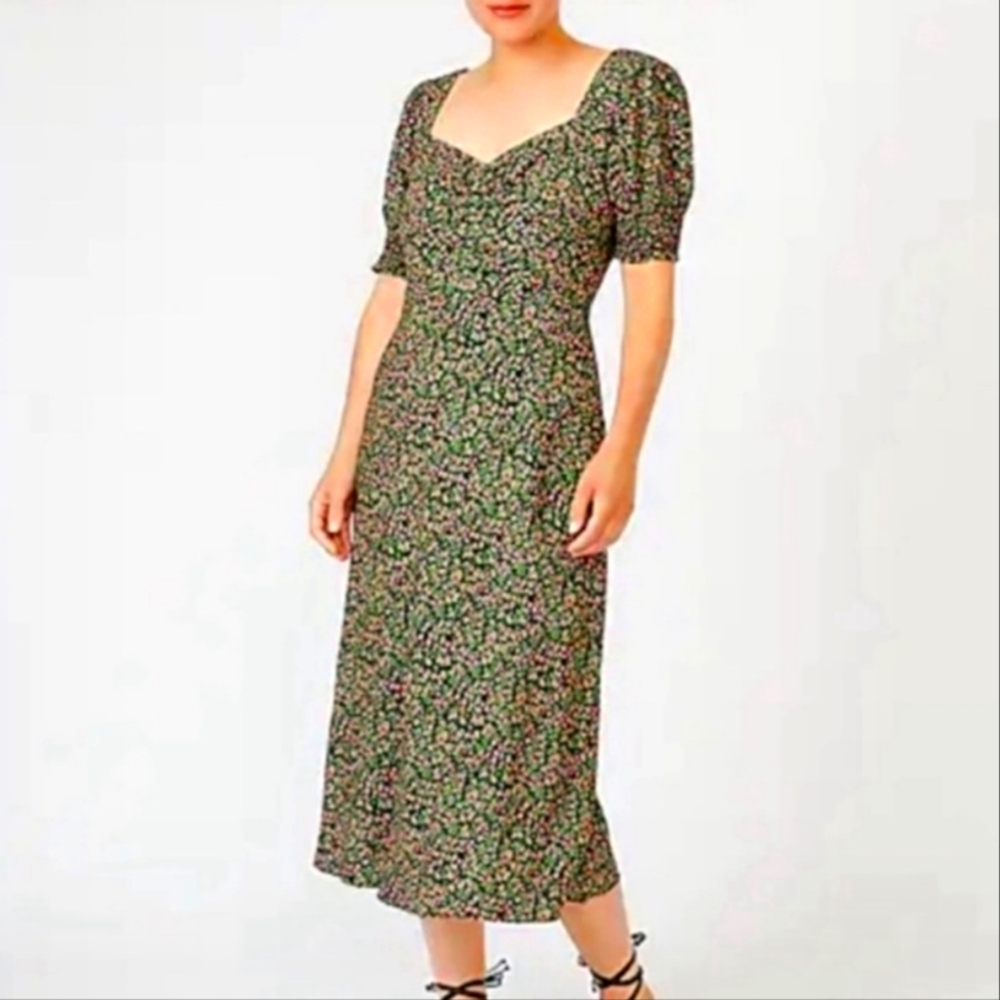 J. Crew Olive Green Floral Midi Dress with Pink Details